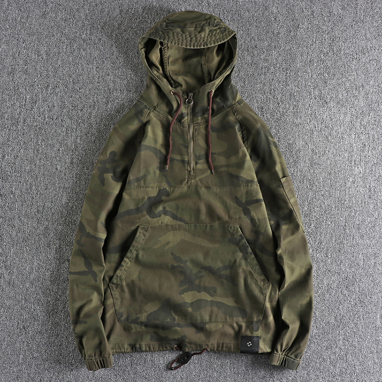 GrogeousBen Men's 100% cotton wash denim camo hoodies vintage mens quarter zip pullover jacket