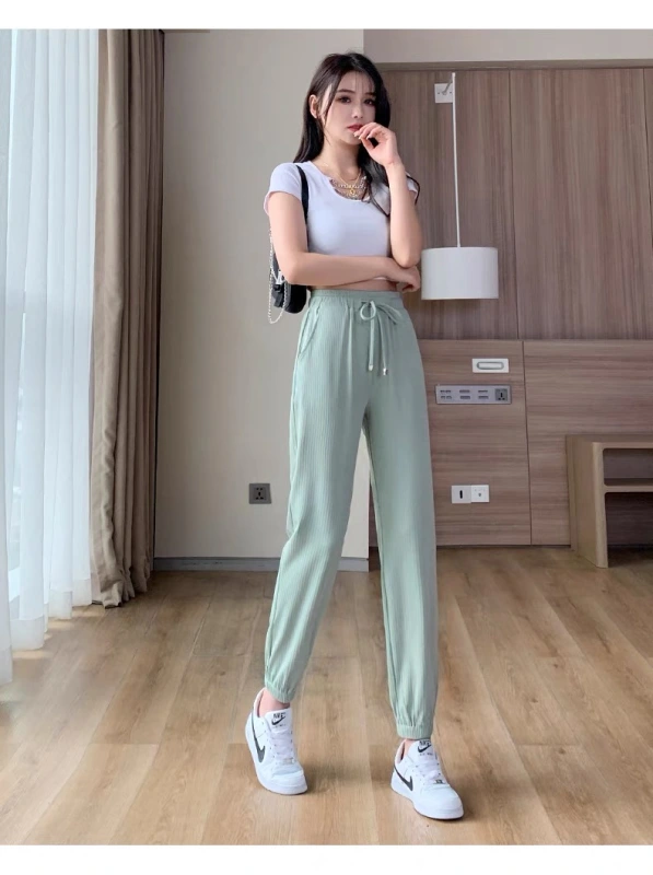 GrogeousBen Women Girls Summer slacks thin silk knickerbockers new style loose tie foot casual drawstring summer sports long pants