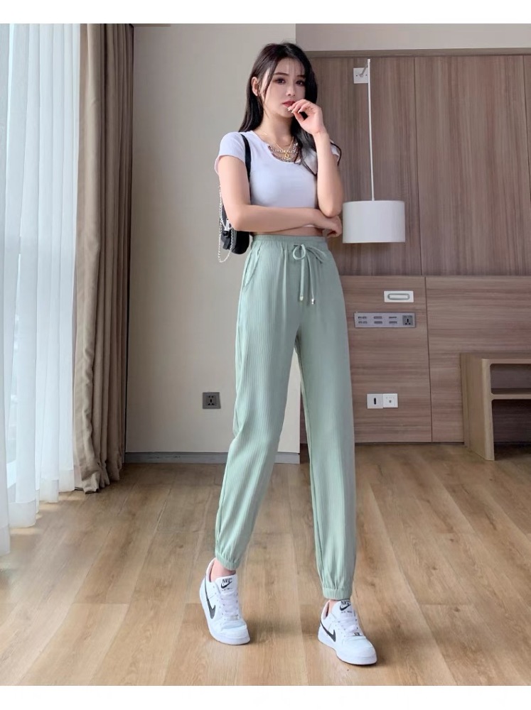GrogeousBen Women Girls Summer slacks thin silk knickerbockers new style loose tie foot casual drawstring summer sports long pants