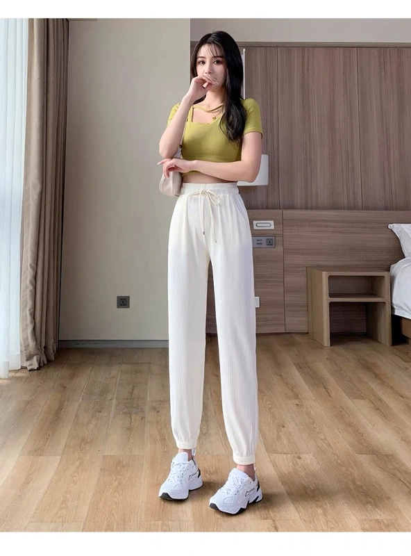 GrogeousBen Women Girls Summer slacks thin silk knickerbockers new style loose tie foot casual drawstring summer sports long pants