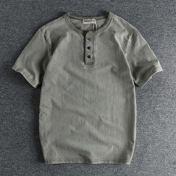 GrogeousBen Guy Style Heavy Weight High Gram Heavy Wash Cotton Henry Collar Retro Short Sleeve T-shirt Men's Summer T-shirt