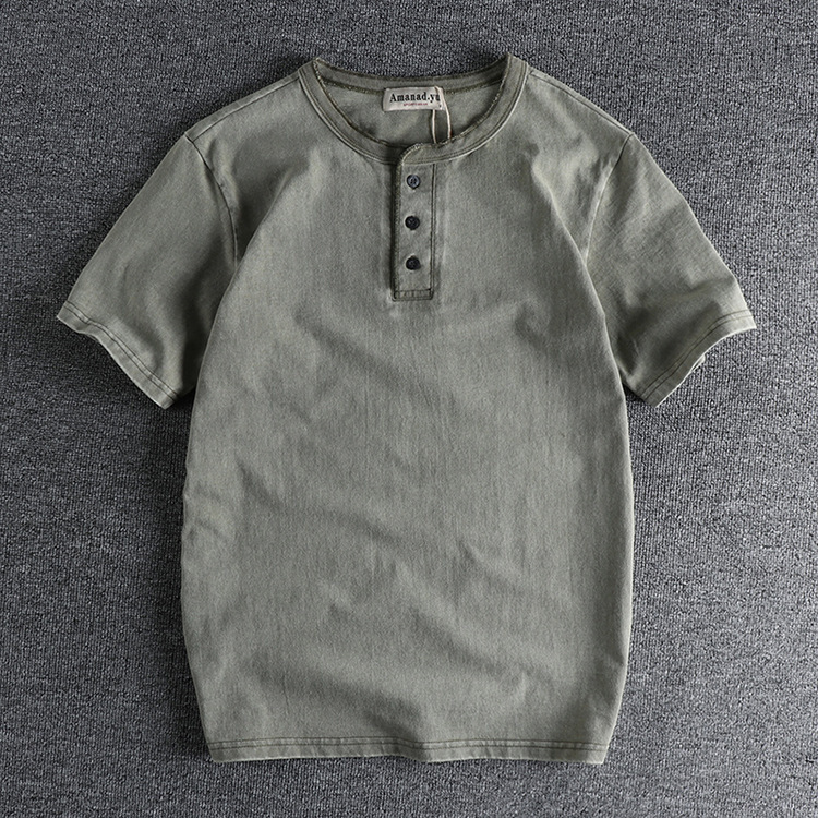 GrogeousBen Guy Style Heavy Weight High Gram Heavy Wash Cotton Henry Collar Retro Short Sleeve T-shirt Men's Summer T-shirt