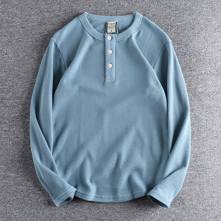 GrogeousBen New Waffle Henry Collar Men's Heavy T-shirt American Retro Autumn And Winter Solid Color Long Sleeved Leggings Men's T-shirt
