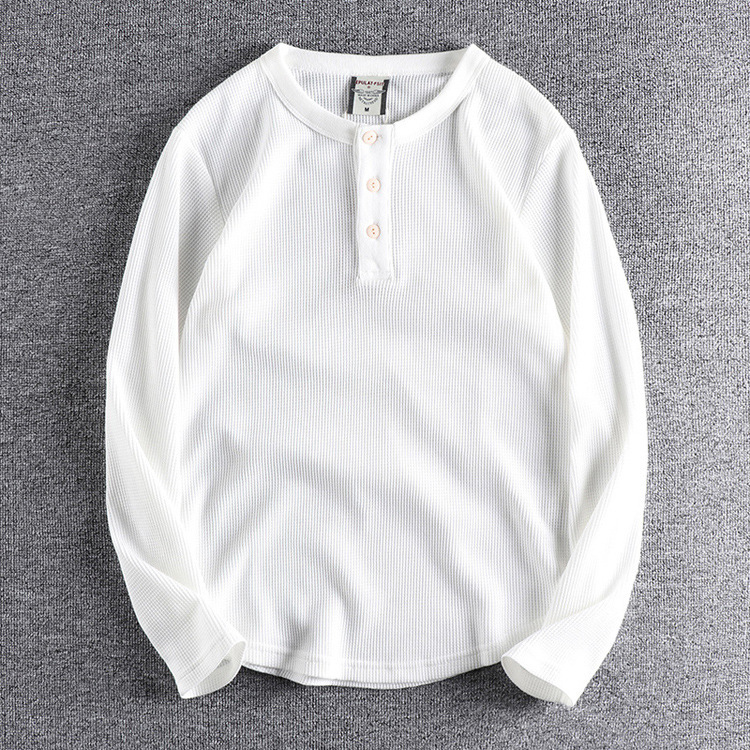 GrogeousBen New Waffle Henry Collar Men's Heavy T-shirt American Retro Autumn And Winter Solid Color Long Sleeved Leggings Men's T-shirt