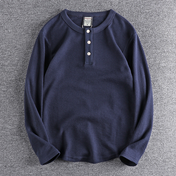 GrogeousBen New Waffle Henry Collar Men's Heavy T-shirt American Retro Autumn And Winter Solid Color Long Sleeved Leggings Men's T-shirt