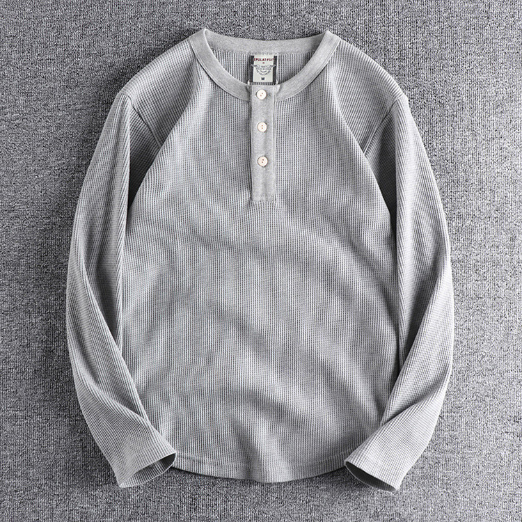 GrogeousBen New Waffle Henry Collar Men's Heavy T-shirt American Retro Autumn And Winter Solid Color Long Sleeved Leggings Men's T-shirt