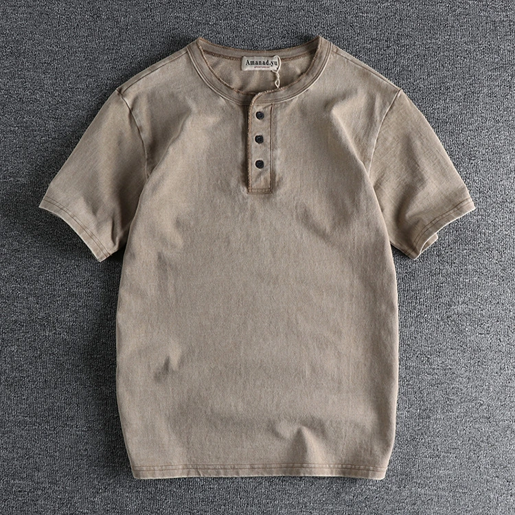 GrogeousBen Guy Style Heavy Weight High Gram Heavy Wash Cotton Henry Collar Retro Short Sleeve T-shirt Men's Summer T-shirt