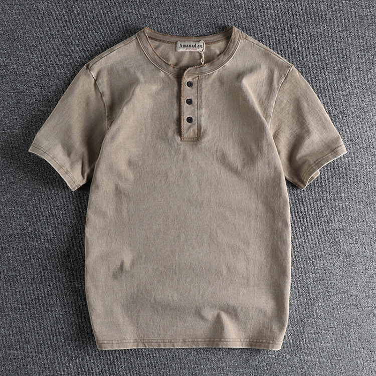 GrogeousBen Guy Style Heavy Weight High Gram Heavy Wash Cotton Henry Collar Retro Short Sleeve T-shirt Men's Summer T-shirt