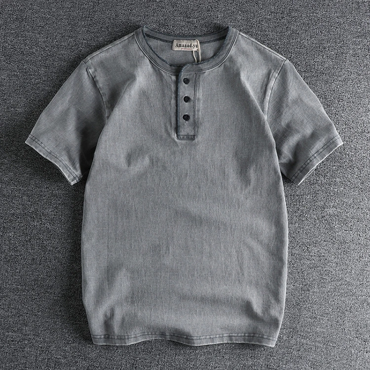 GrogeousBen Guy Style Heavy Weight High Gram Heavy Wash Cotton Henry Collar Retro Short Sleeve T-shirt Men's Summer T-shirt