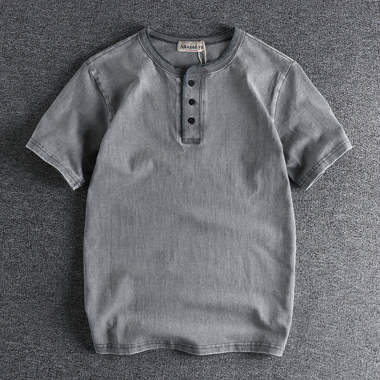 GrogeousBen Guy Style Heavy Weight High Gram Heavy Wash Cotton Henry Collar Retro Short Sleeve T-shirt Men's Summer T-shirt
