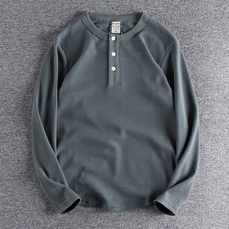 GrogeousBen New Waffle Henry Collar Men's Heavy T-shirt American Retro Autumn And Winter Solid Color Long Sleeved Leggings Men's T-shirt