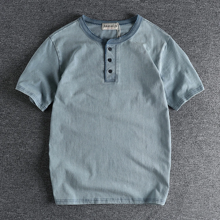 GrogeousBen Guy Style Heavy Weight High Gram Heavy Wash Cotton Henry Collar Retro Short Sleeve T-shirt Men's Summer T-shirt