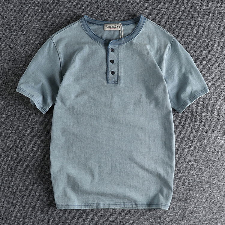GrogeousBen Guy Style Heavy Weight High Gram Heavy Wash Cotton Henry Collar Retro Short Sleeve T-shirt Men's Summer T-shirt