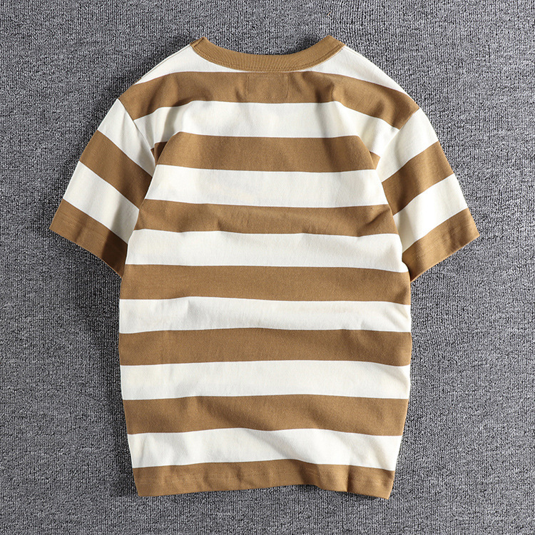 GrogeousBen Thick Striped Short Sleeve Navy Requiem Men Vintage Black Blue And White Heavy Weight T-shirt Summer Pure Cotton Loose T-shirt