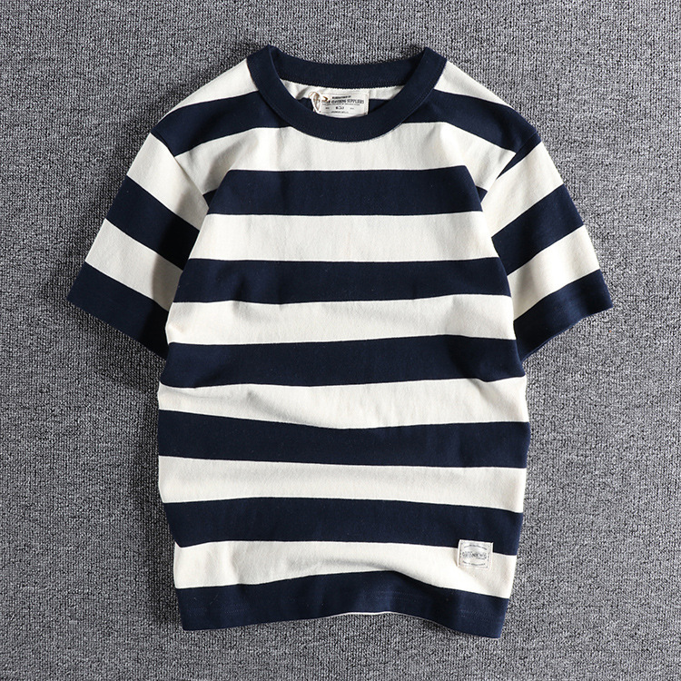 GrogeousBen Thick Striped Short Sleeve Navy Requiem Men Vintage Black Blue And White Heavy Weight T-shirt Summer Pure Cotton Loose T-shirt