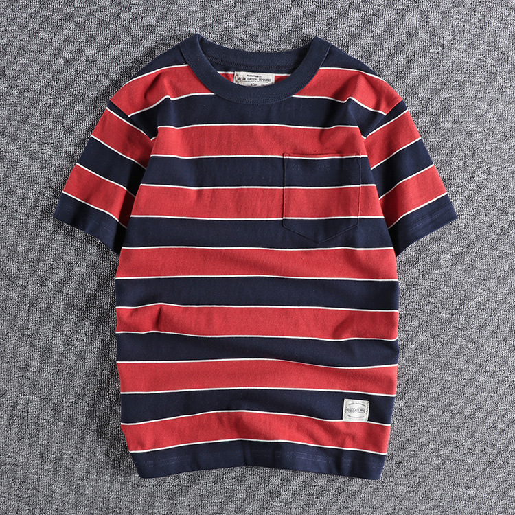 GrogeousBen Thick Striped Short Sleeve Navy Requiem Men Vintage Black Blue And White Heavy Weight T-shirt Summer Pure Cotton Loose T-shirt