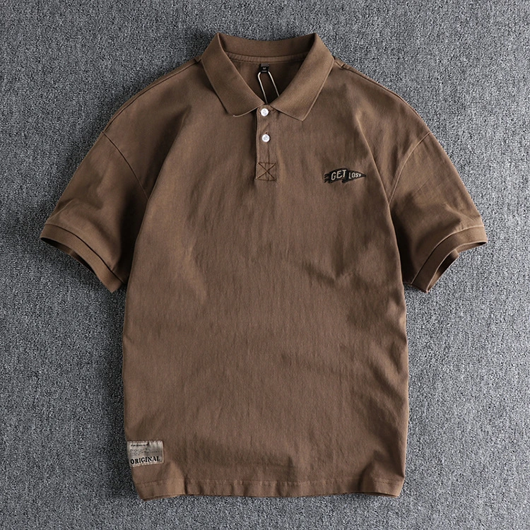 GrogeousBen Men's Two button American retro trend men's polo shirt short sleeve washed pure cotton everything casual embroidered lapel T-shirt