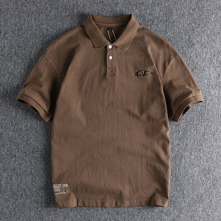 GrogeousBen Men's Two button American retro trend men's polo shirt short sleeve washed pure cotton everything casual embroidered lapel T-shirt