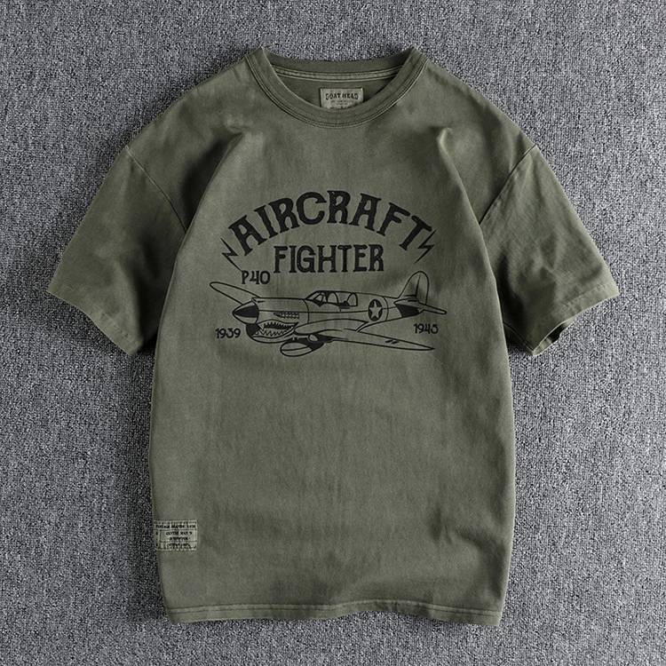 GrogeousBen Men's Vintage letters aircraft printed short sleeve T-shirt men's summer new European and American trend half sleeve