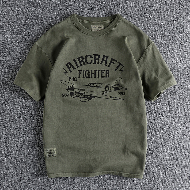 GrogeousBen Men's Vintage letters aircraft printed short sleeve T-shirt men's summer new European and American trend half sleeve