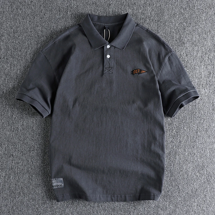 GrogeousBen Men's Two button American retro trend men's polo shirt short sleeve washed pure cotton everything casual embroidered lapel T-shirt