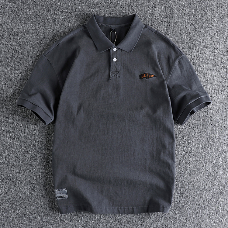 GrogeousBen Men's Two button American retro trend men's polo shirt short sleeve washed pure cotton everything casual embroidered lapel T-shirt