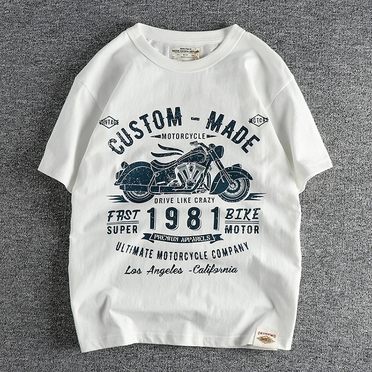 GrogeousBen Men's Motorcycle letter pattern retro trend short sleeve men's T-shirt washed cotton