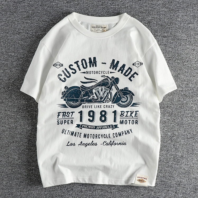 GrogeousBen Men's Motorcycle letter pattern retro trend short sleeve men's T-shirt washed cotton