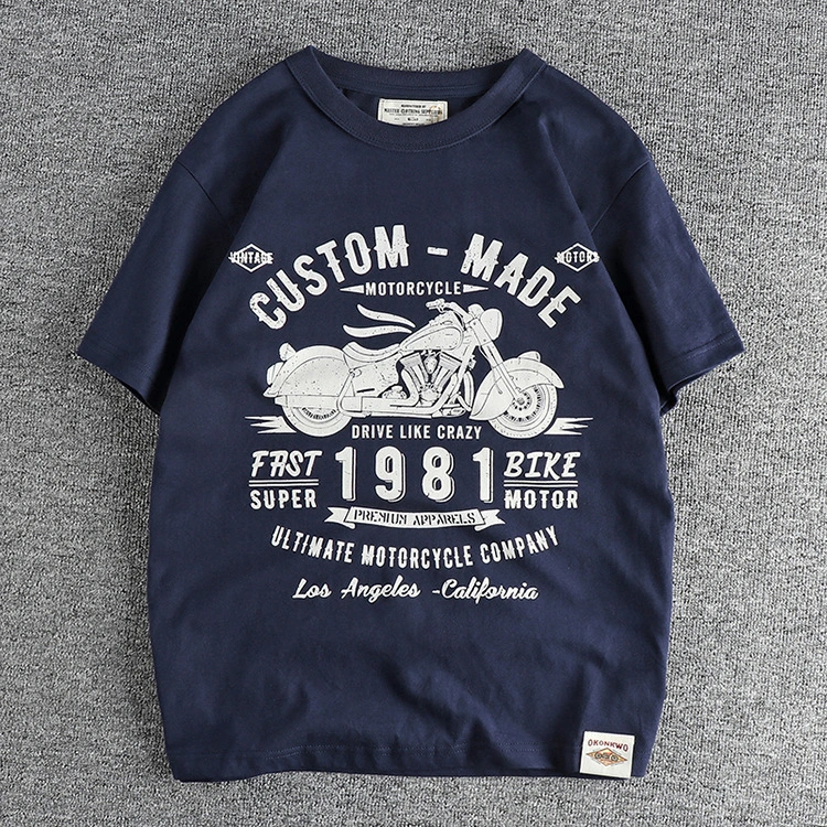 GrogeousBen Men's Motorcycle letter pattern retro trend short sleeve men's T-shirt washed cotton