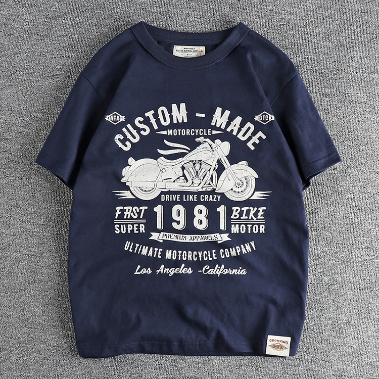GrogeousBen Men's Motorcycle letter pattern retro trend short sleeve men's T-shirt washed cotton