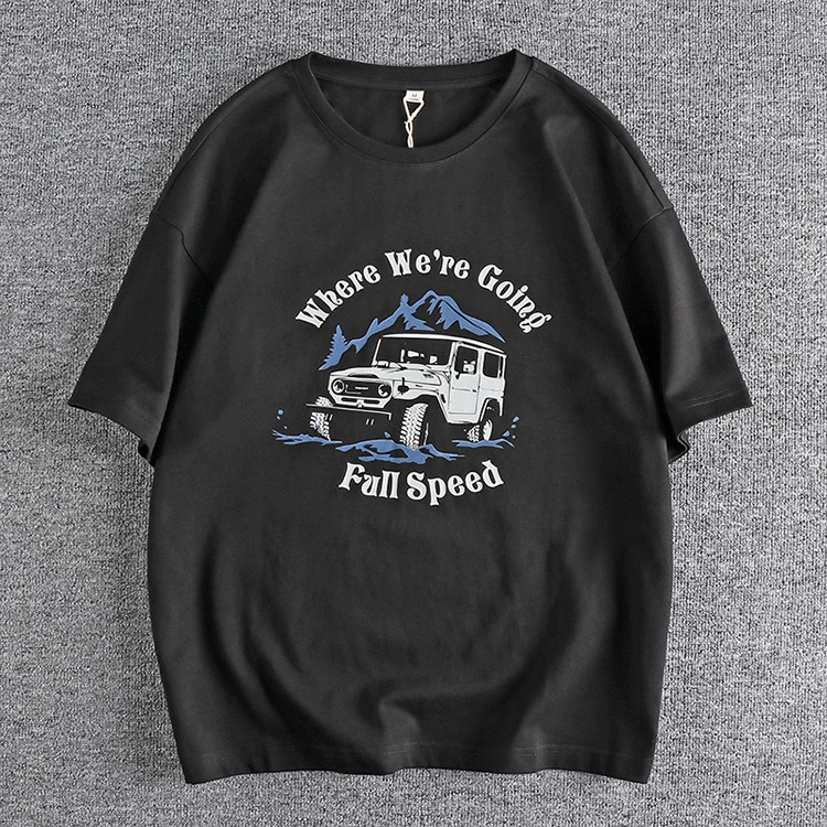 GrogeousBen Men's Suv pattern washed cotton round neck short sleeve T-shirt man