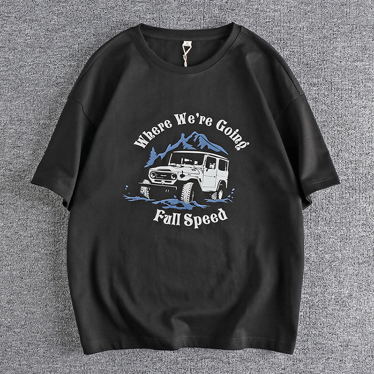GrogeousBen Men's Suv pattern washed cotton round neck short sleeve T-shirt man