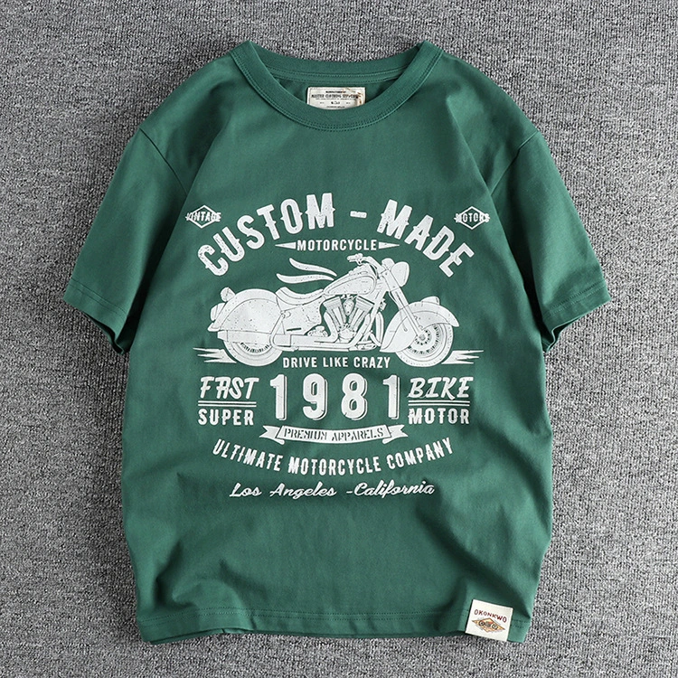 GrogeousBen Men's Motorcycle letter pattern retro trend short sleeve men's T-shirt washed cotton