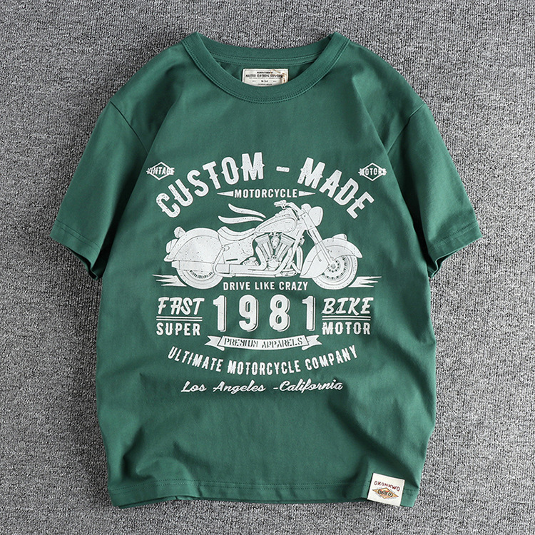 GrogeousBen Men's Motorcycle letter pattern retro trend short sleeve men's T-shirt washed cotton