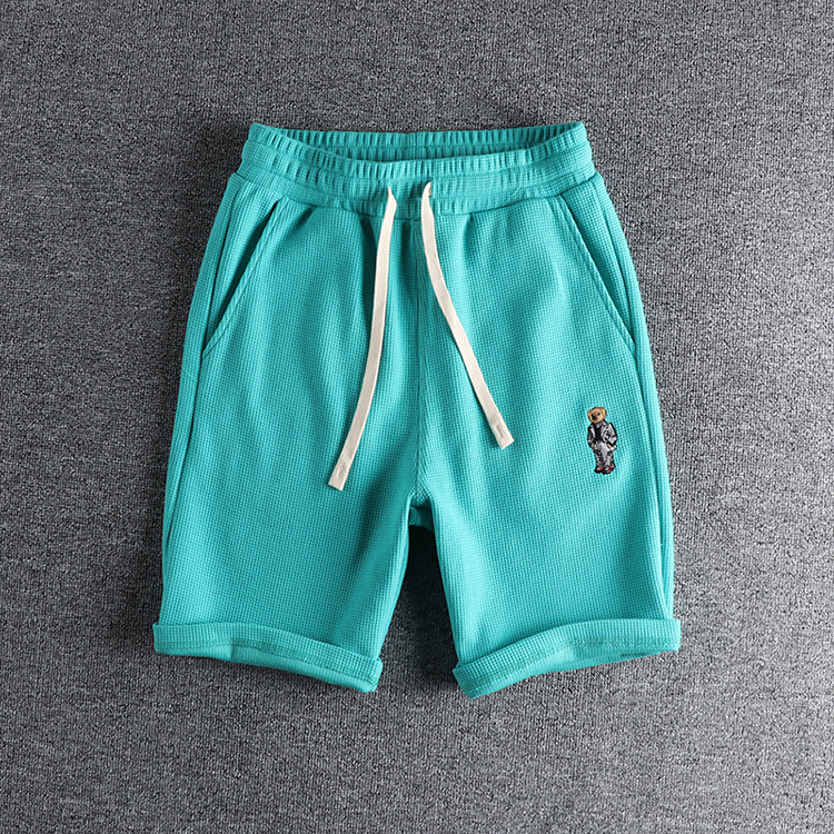 GrogeousBen Men's Summer Casual Embroidered bear wash waffle shorts men