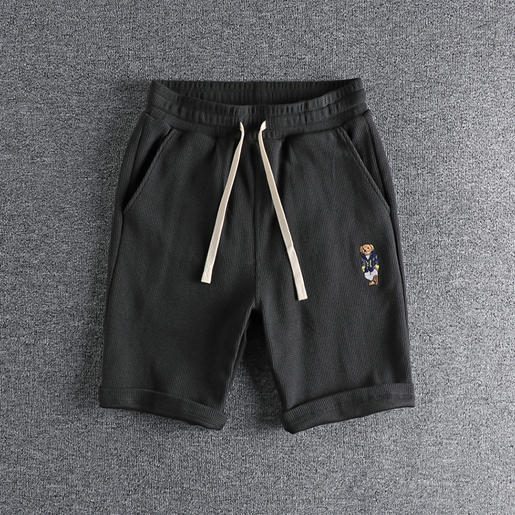 GrogeousBen Men's Summer Casual Embroidered bear wash waffle shorts men
