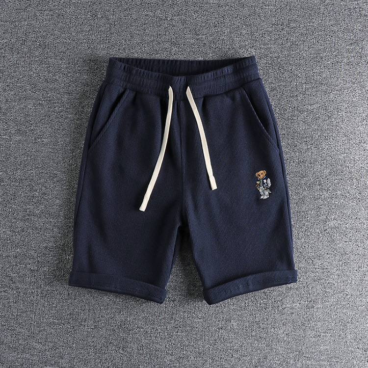 GrogeousBen Men's Summer Casual Embroidered bear wash waffle shorts men
