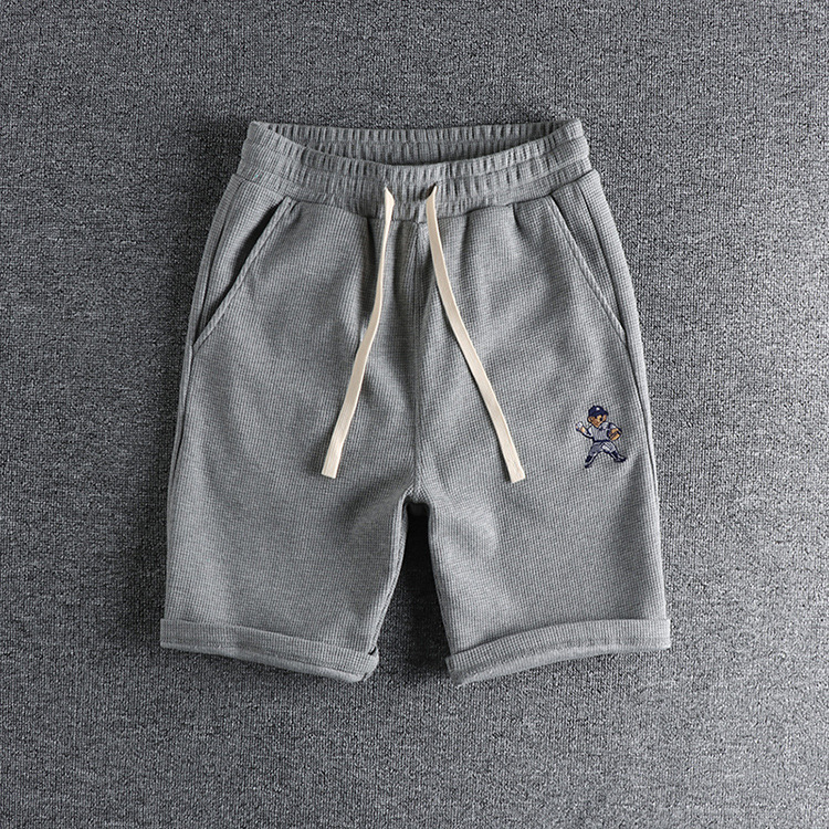 GrogeousBen Men's Summer Casual Embroidered bear wash waffle shorts men
