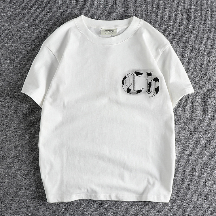 GrogeousBen Unisex's Heavy wash trend American flocking monogram vintage short sleeve T-shirt