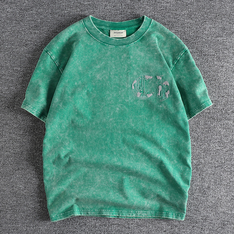 GrogeousBen Unisex's Heavy wash trend American flocking monogram vintage short sleeve T-shirt