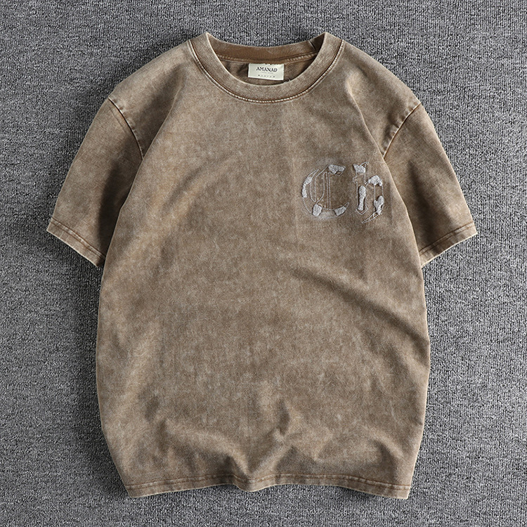 GrogeousBen Unisex's Heavy wash trend American flocking monogram vintage short sleeve T-shirt