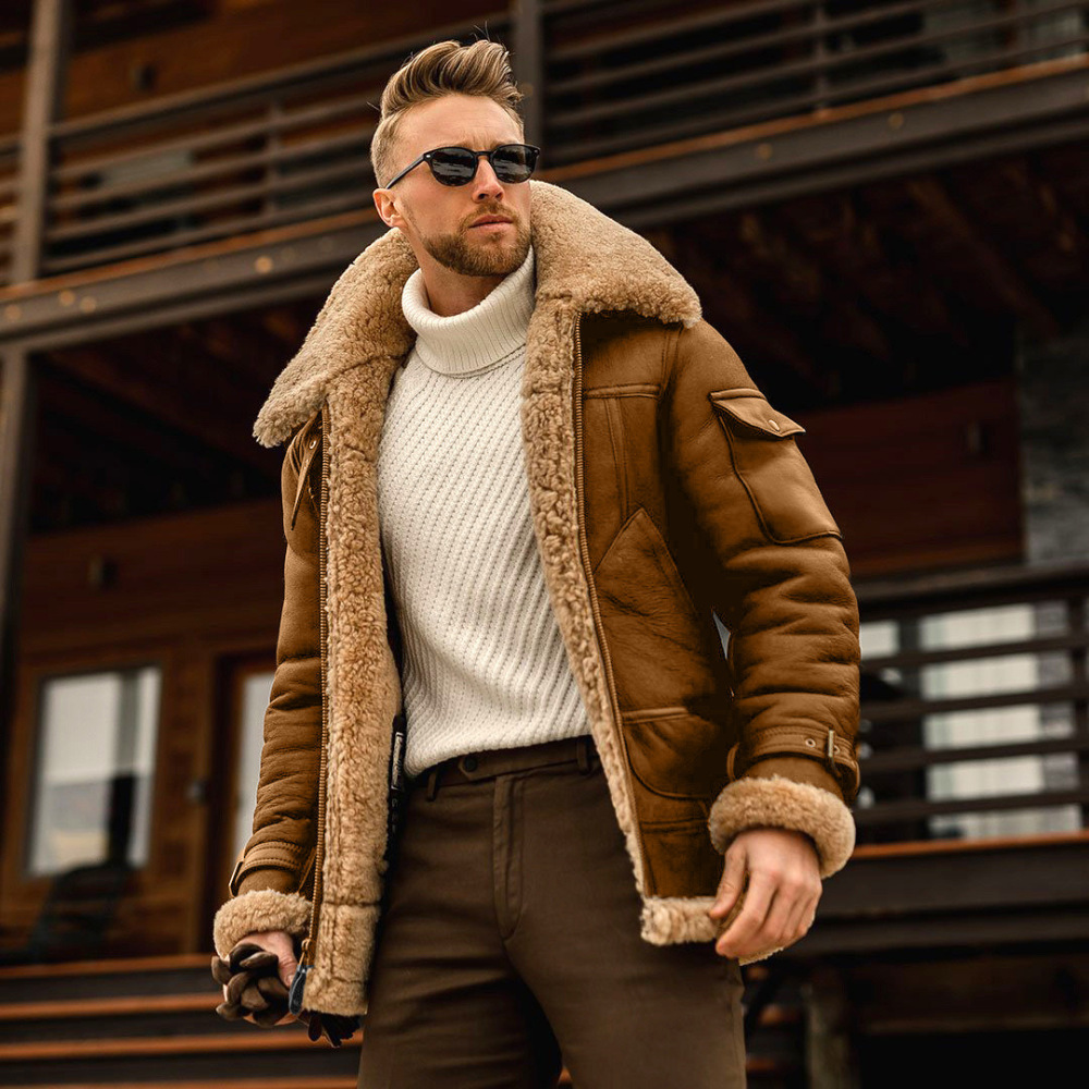 GrogeousBen Men's Winter Faux Leather Men's Casual Thicken War Aviator Sheepskin Warm Outdoor Fur Plus Size PU Leather Coat Men Jacket
