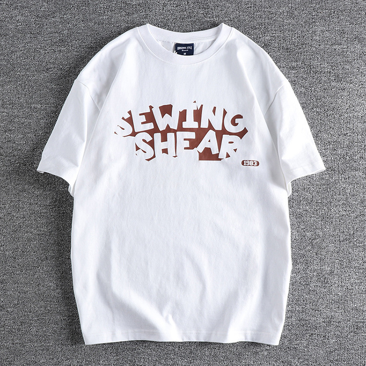 GrogeousBen Men's White Round Neck Short Sleeve T-shirt Men's Summer American Simple Letter Pure Cotton Couple Loose Top