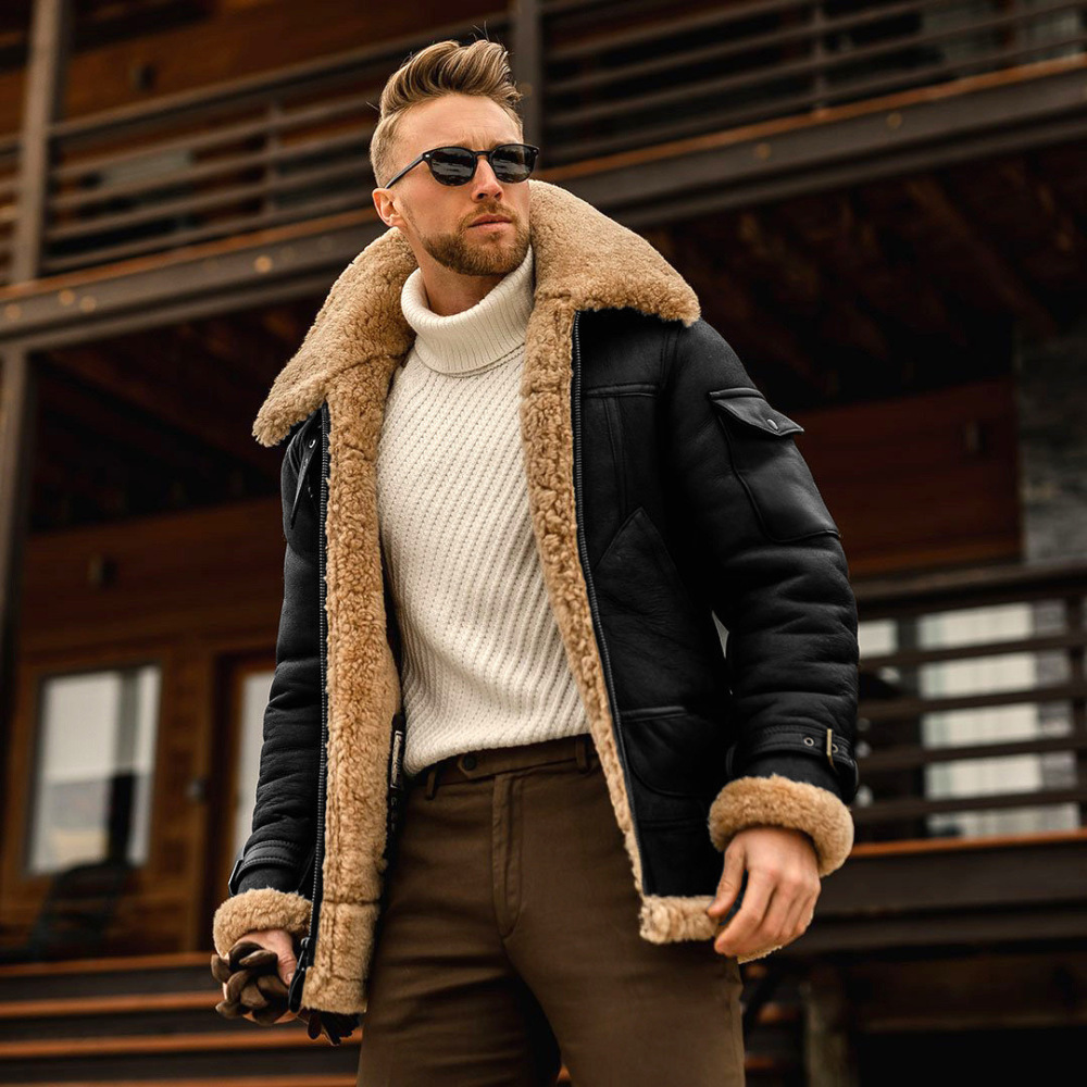 GrogeousBen Men's Winter Faux Leather Men's Casual Thicken War Aviator Sheepskin Warm Outdoor Fur Plus Size PU Leather Coat Men Jacket