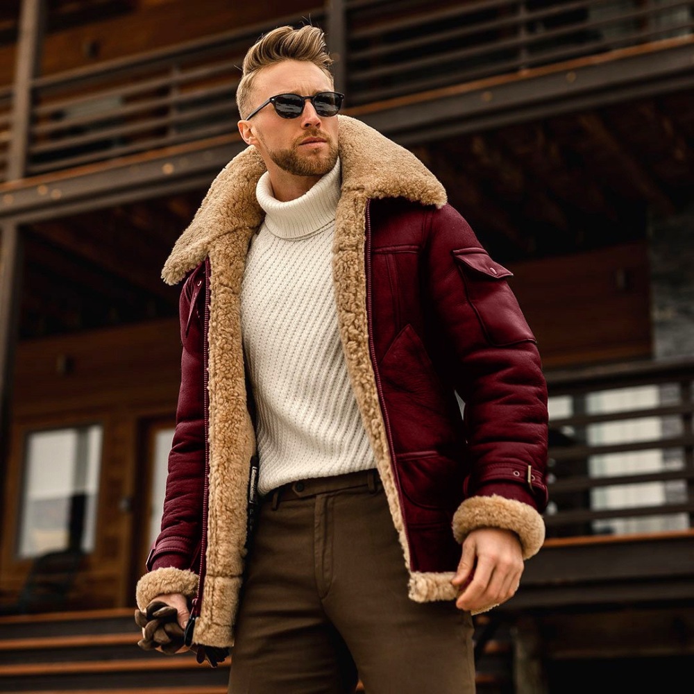 GrogeousBen Men's Winter Faux Leather Men's Casual Thicken War Aviator Sheepskin Warm Outdoor Fur Plus Size PU Leather Coat Men Jacket