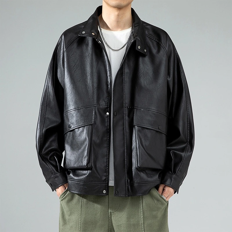 GrogeousBen  Men's hip hop simple men's motorcycle leather jackets casual pocket leather jackets for men