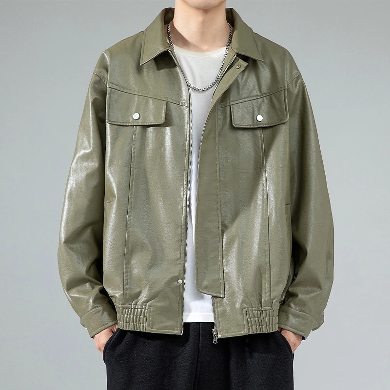 GrogeousBen  Men's 2023 Autumn Men's new hot high quality factory custom solid color logo fashion stand-up collar versatile leather jacket