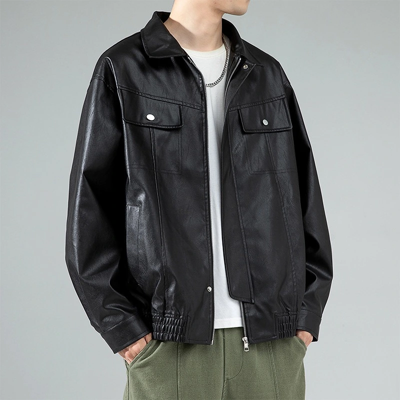GrogeousBen  Men's 2023 Autumn Men's new hot high quality factory custom solid color logo fashion stand-up collar versatile leather jacket