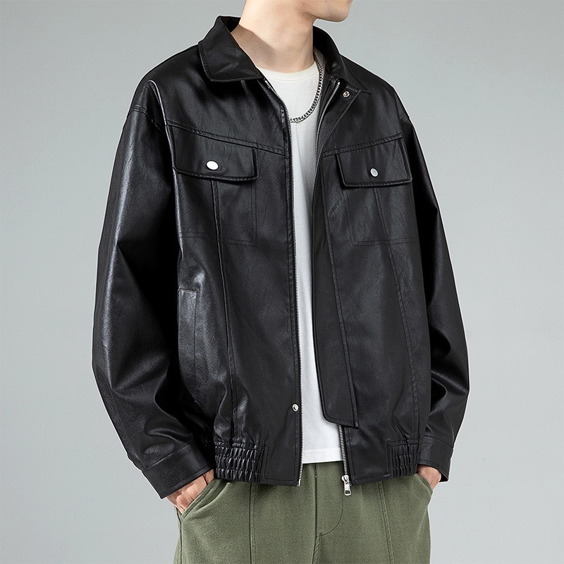 GrogeousBen  Men's 2023 Autumn Men's new hot high quality factory custom solid color logo fashion stand-up collar versatile leather jacket