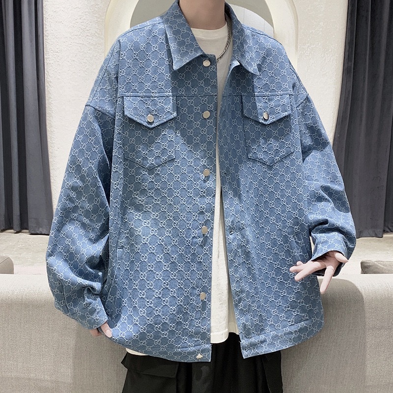 GrogeousBen  Men's Hip hop blue distressed embroidered custom print leans wholesale back denim jacket men